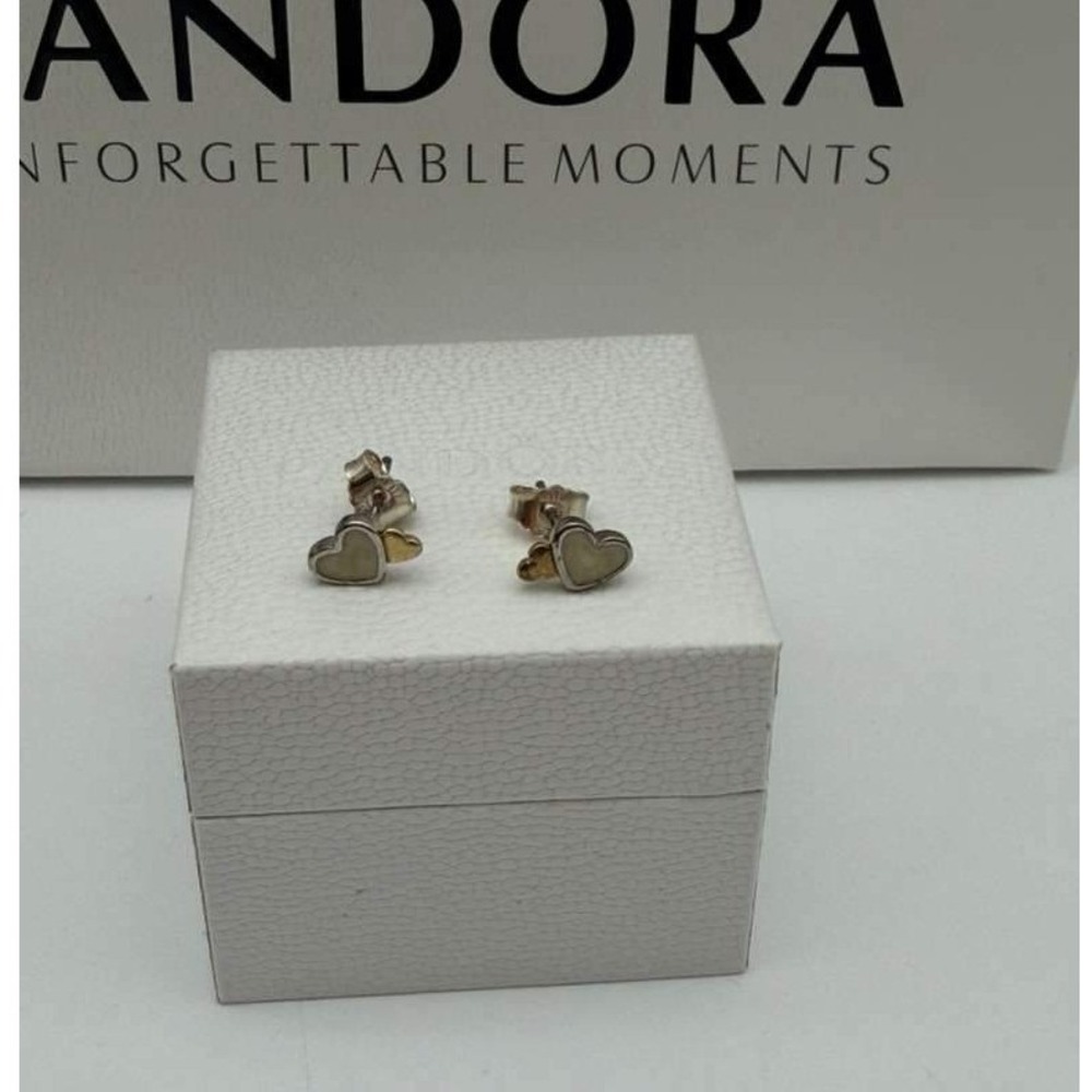 Pandora Two-Tone Heart Stud Earrings – White Enamel & Gold Tone